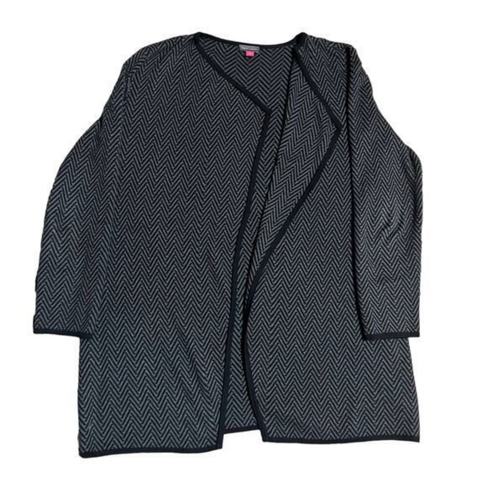 Vince Camuto Herringbone Cardigan Open Front Black Gray Size Large Long Sleeve
